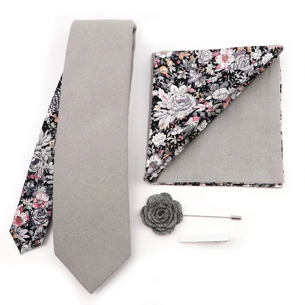 Two Side Floral Plaid Cotton Patchwork Tie Set Brooch Pin Clip Hankie Cufflink Ties Men Party Daily Shirt Cravat Gift Accessory