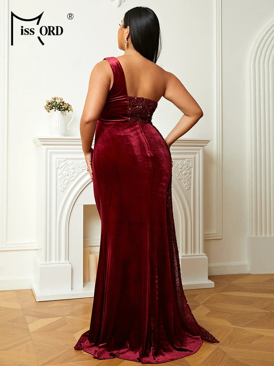 Missord Wine Sequin Plus Size Evening Dresses Women Elegant One Shoulder Sleeveless Draped Wedding Party Prom Dress Velvet Gown