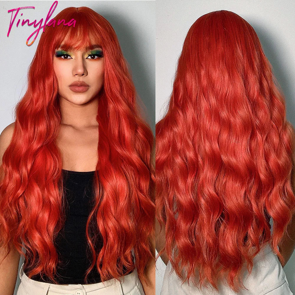 Long Curly Orange Brown Ombre Synthetic Wavy Wigs with Bangs Ginger Cosplay Party Wig for Women Afro Natural Hair Heat Resistant