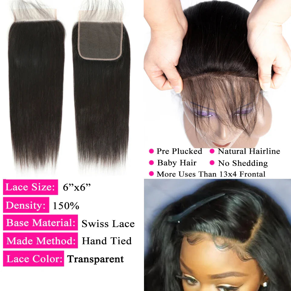 6X6 5x5 4X4 Lace Closure With 30 40 Inch Human Hair Bundles With 13x4 Frontal Straight Brazilian Weave 3 Bundles With Closure