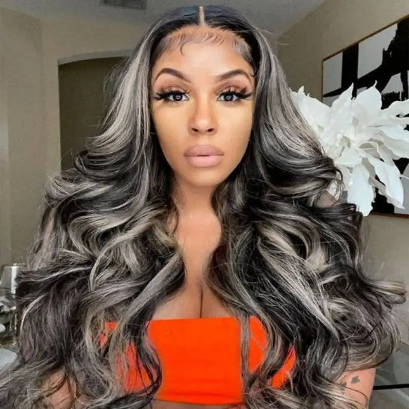 Human Hair Body Wave Highlight Wigs Black With Gray Highlighter Human Hair Lace Frontal Wig Brazilian 30 32 Inch For Women YARRA