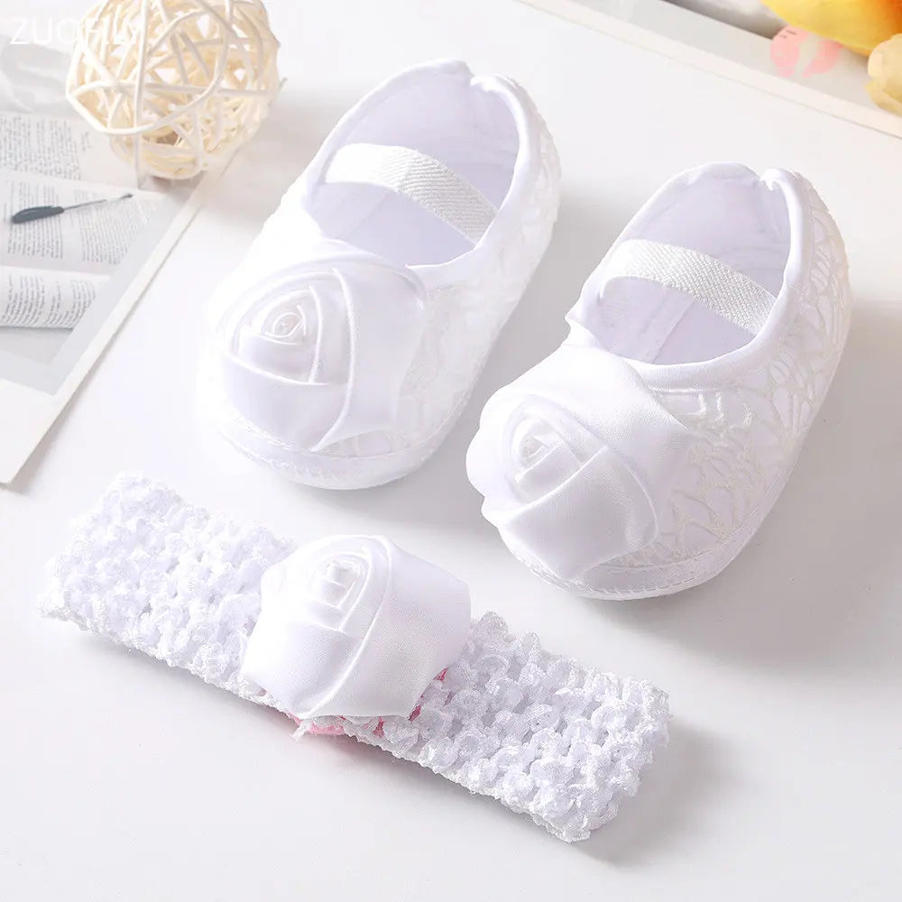 0~18M Cute Bowknot Newborn Baby Shoes Headband Set Anti Slip Toddler Infant First Walker Baby Girls Newborn Soft Sole Pink Shoes