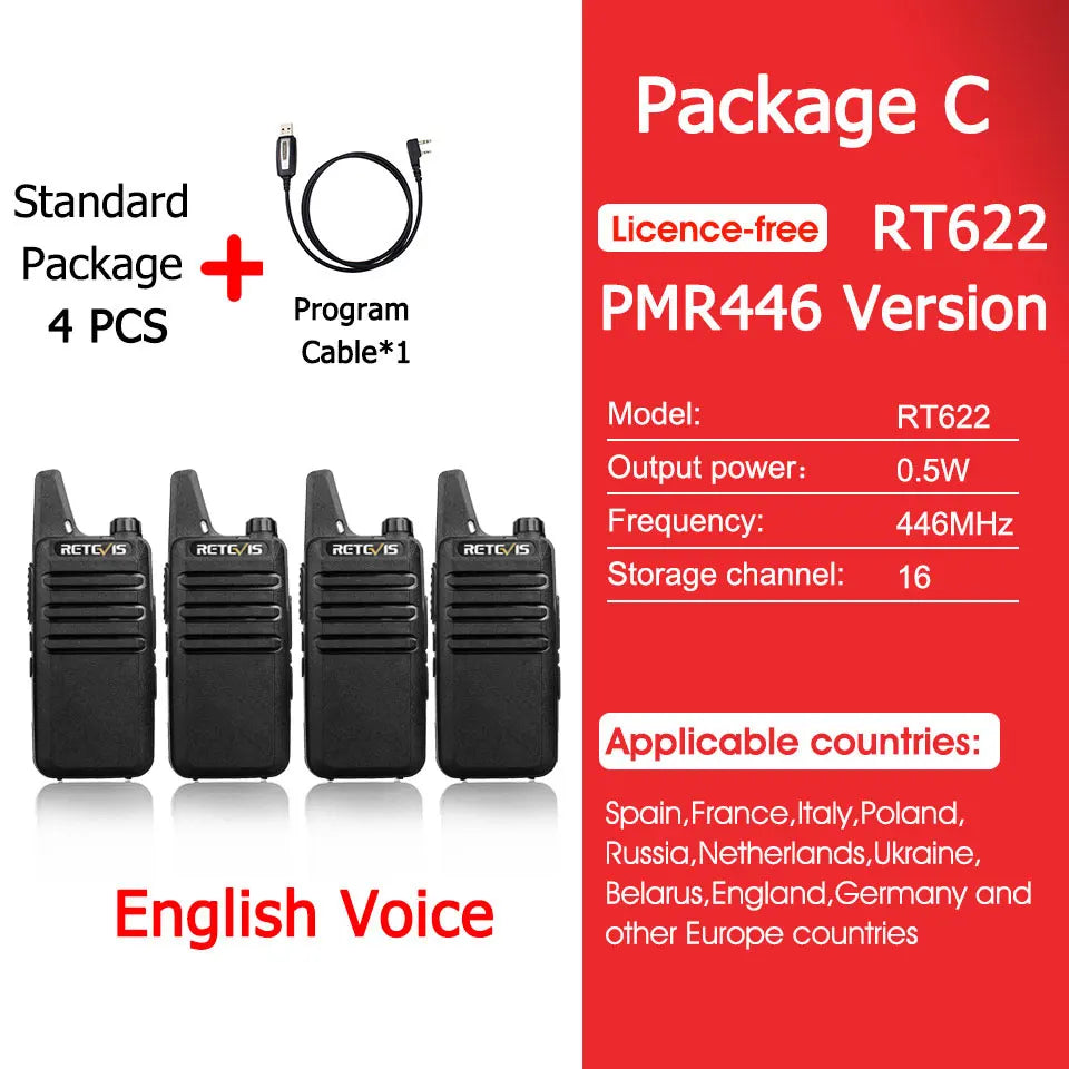 Retevis RT622 Mini Walkie Talkie 4 Pcs Walkie-talkies PMR446 FRS VOX Portable Two Way Radio Station for Restaurant Hotel