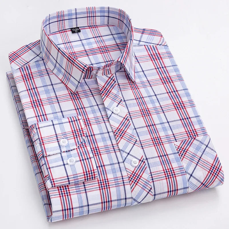 New in shirt 100%cotton long-sleeve shirts for men thin slim fit formal plain shirt plaid designer tops office elegants clothes