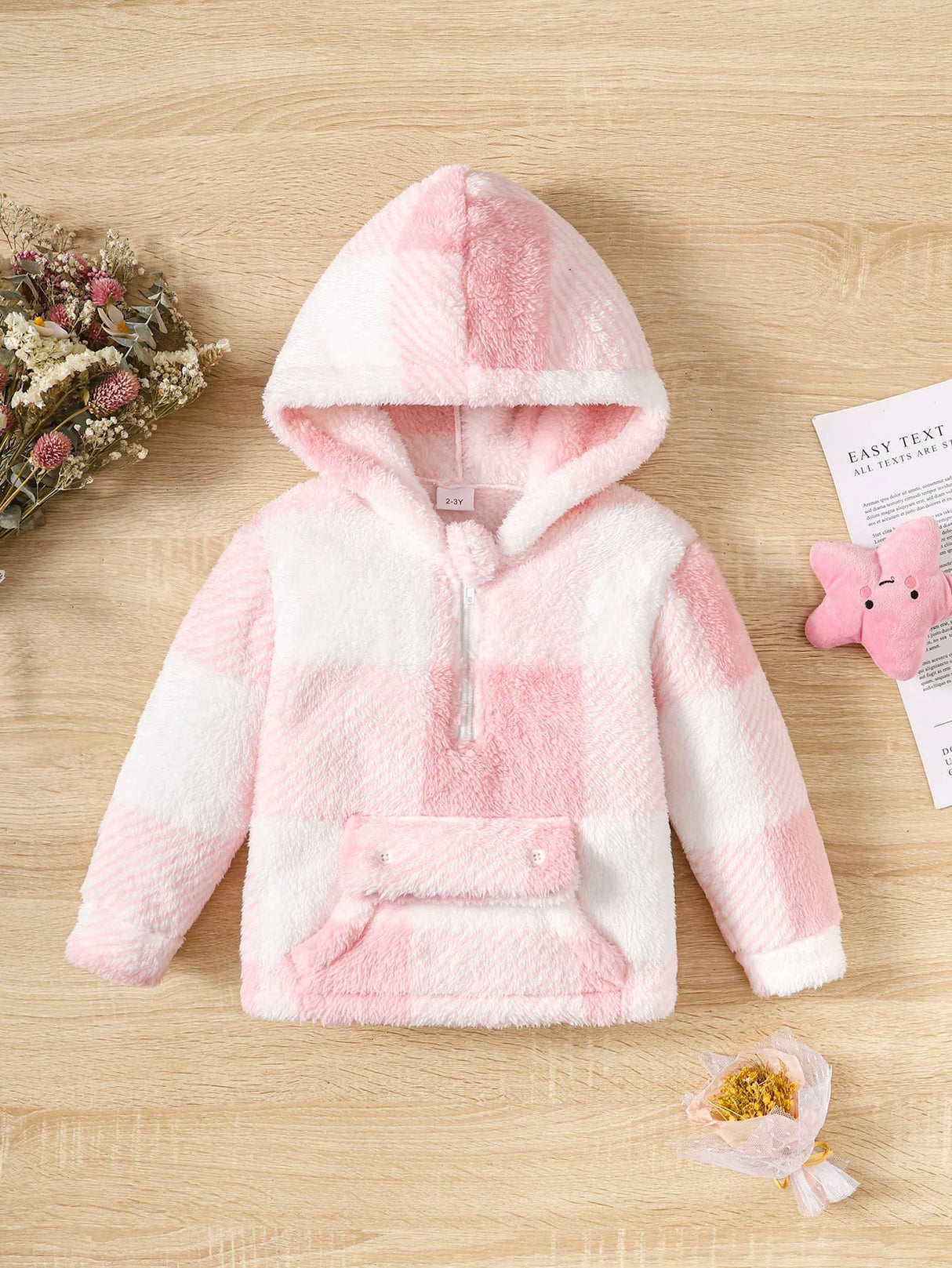 Little Girl Long Sleeved  Hooded Sweater Cute Pink Plaid Jacket Plush Plush Thickened Winter Clothes for 2-8 Years Children