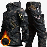 Mens Camo Tactics Set Army Sharkskin Waterproof Hooded Jacket Winter Fleece Work Cargo Suit Multi-pocket Softshell Casual Pants