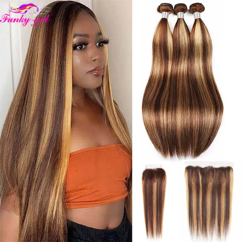 Brazilian P4 27 Highlight Bundles Straight Human Hair Bundles With Frontal 13x4 Front Ombre Human Hair Weave Bundle With Closure