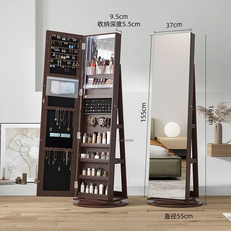 Full-length Mirror 360° Rotating Floor Makeup Mirror Cabinet Bedroom Jewelry Cabinet with Mirror Fitting Room Dressing Mirrors