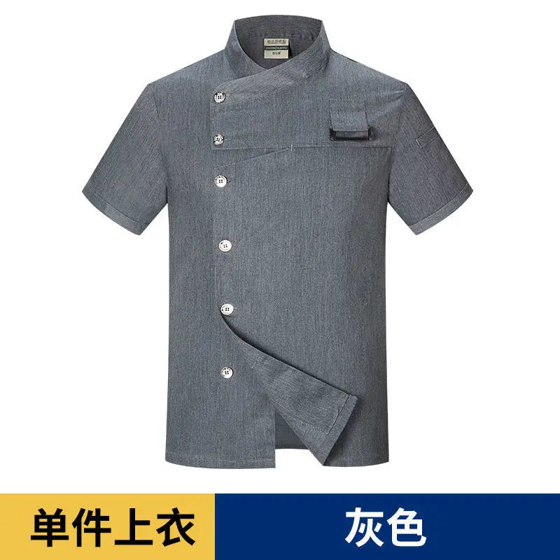 Men Grey Chef Coat Logo short Sleeve Chef Jacket Apron for Summer Head Chef Uniform Restaurant Hotel Kitchen Cooking Clothes