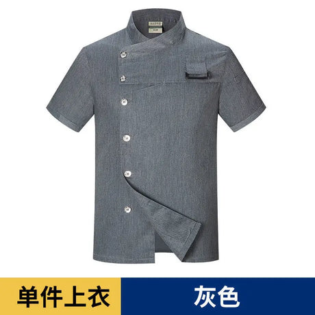 Men Grey Chef Coat Logo short Sleeve Chef Jacket Apron for Summer Head Chef Uniform Restaurant Hotel Kitchen Cooking Clothes