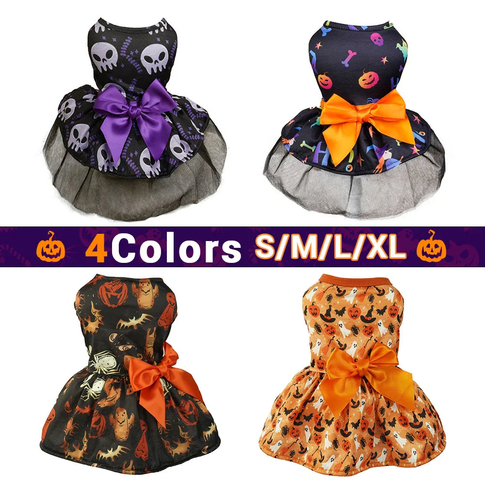 Halloween Dog Dress Halloween Costume Festival Puppy Dress Skirt Pumpkin Head Printed Pet Cosplay Party Apparel for Yorkie