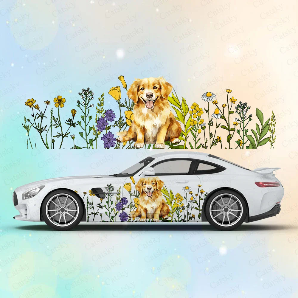 Golden Labrador Flower Large Car Stickers Decals Car Body Stickers Car-Side Decals Waterproof Car Vinyl Stickers for Truck SUV