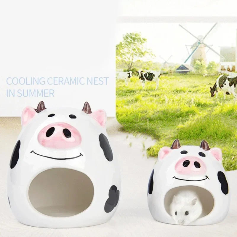 Summer Cooling Ceramic Nest Cartoon Cow Mini Pet Bed For Hamster Golden Bear Rats Guniea Pig  Small Animals Habitat Cage House