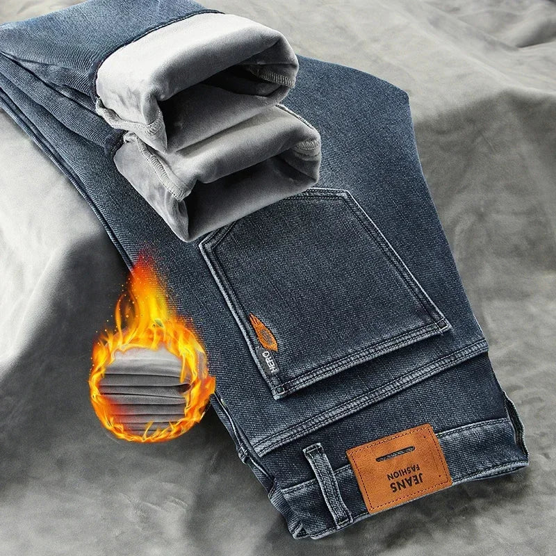 2023 Winter New Men's Warm Baggy Fleece Jeans Long Pants Business Fashion Thicken Trousers Stretch Brand Denim Recreation