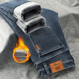 2023 Winter New Men's Warm Baggy Fleece Jeans Long Pants Business Fashion Thicken Trousers Stretch Brand Denim Recreation