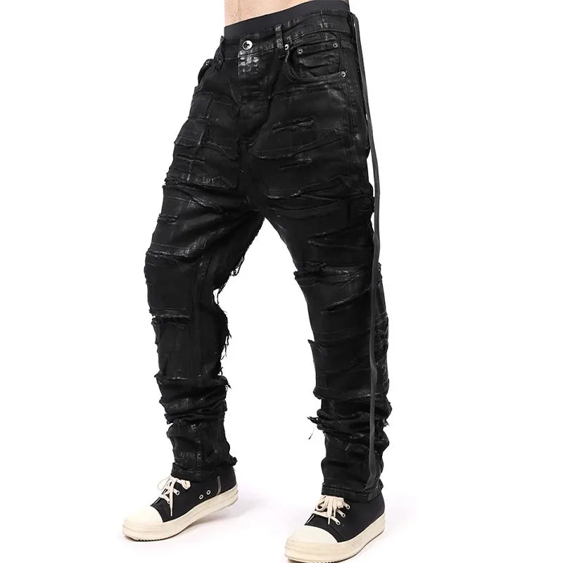 Dark Coating Wax Brushing Erosion Hole Jeans Men Ripped Casual Denim Pants Street Hip Hop Black Jeans Trousers Men