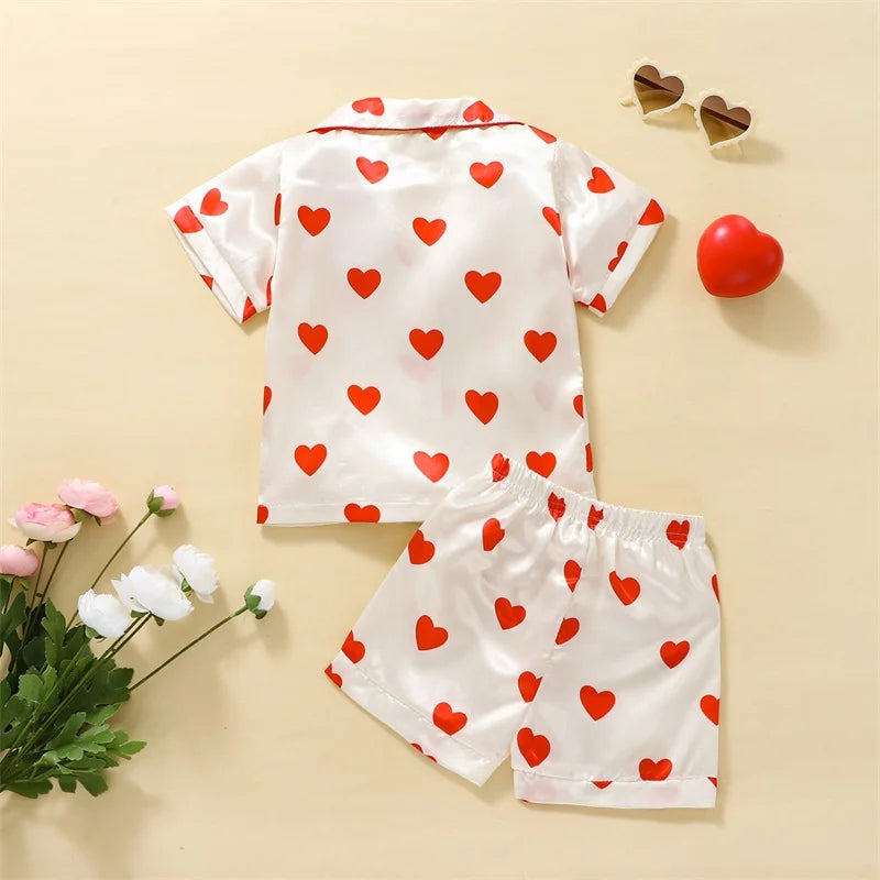 2023 Fashion Children Summer Pajama Sets Silk Satin Heart/Floral/Cattle Print Baby Suits Sleepwear Boy Loungewear Kids Pajamas