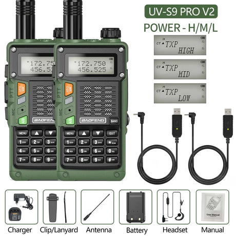 2PCS BaoFeng UV-S9 Pro V2 Walkie Talkie 10KM Long Range Transceiver Communicator Waterproof 10W Powerful UHF VHF Two Way Radio