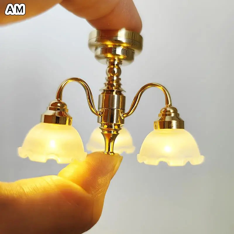 1:12 Dollhouse Miniature Led Golden Ceiling Lamp Chandelier Home Lighting Model Furniture Decor Toy Doll House Accessories