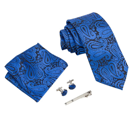 Men Polka Dot Navy Blue Hombre Necktie Sets with Hankie Metal Cufflinks Clip Set Shirt Accessories Fit Wedding Performance Tie