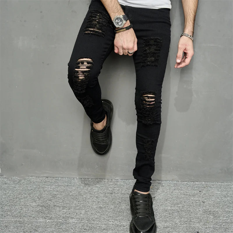 Streetwear Ripped Slim Men Pencil Jeans Pants Stylish Male Hip Hop Stretch Holes Casual Denim Trousers