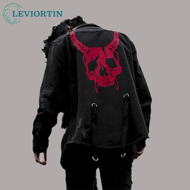 Harajuku Gothic Demon Hunter Skull Black Denim Jacket Men Rock Punk Heavy Metal Sweatshirt Sudadera Suspenders Hole Streetwear