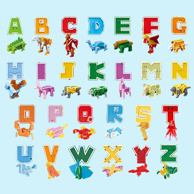 26 GUDI English Letter Alphabet Transformation Robot Dinosaur Deformation Animal Action Figure Learn A-Z Building Block Toys Set