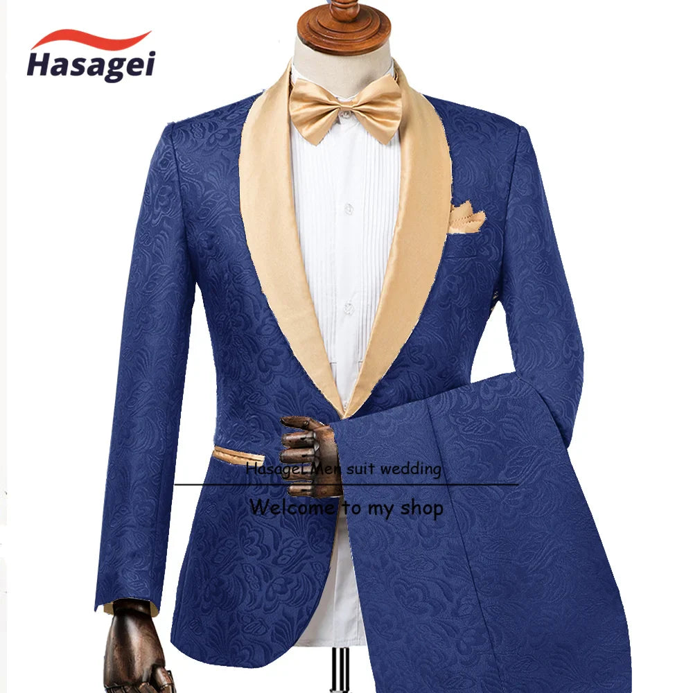 Champagne Men's Wedding Tuxedo Elegant Men 2-piece Suit Set Patterned Jacket Pants Formal Slim Fit Outfit