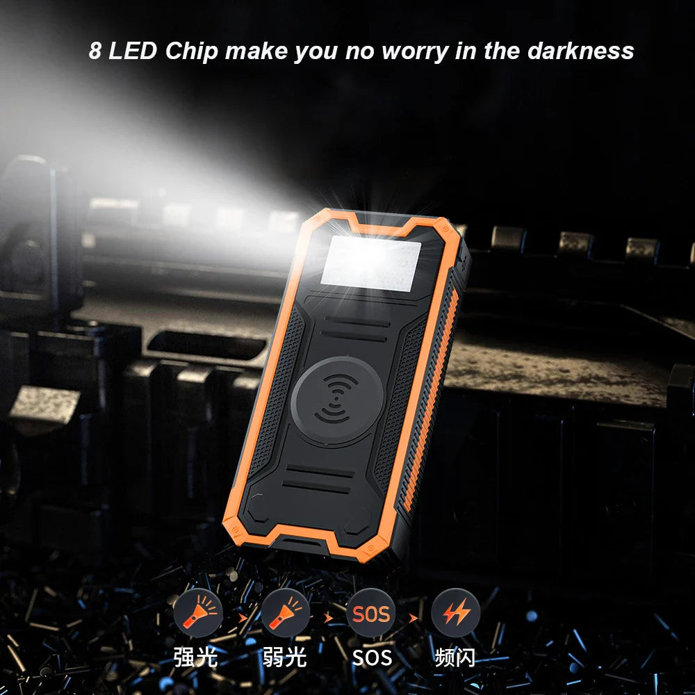 30000mAh Larger Capacity Solar Power Bank Waterproof PD 20W USB C LED Flashlight 10W Wirelss Charger For Smart Mobile Phone