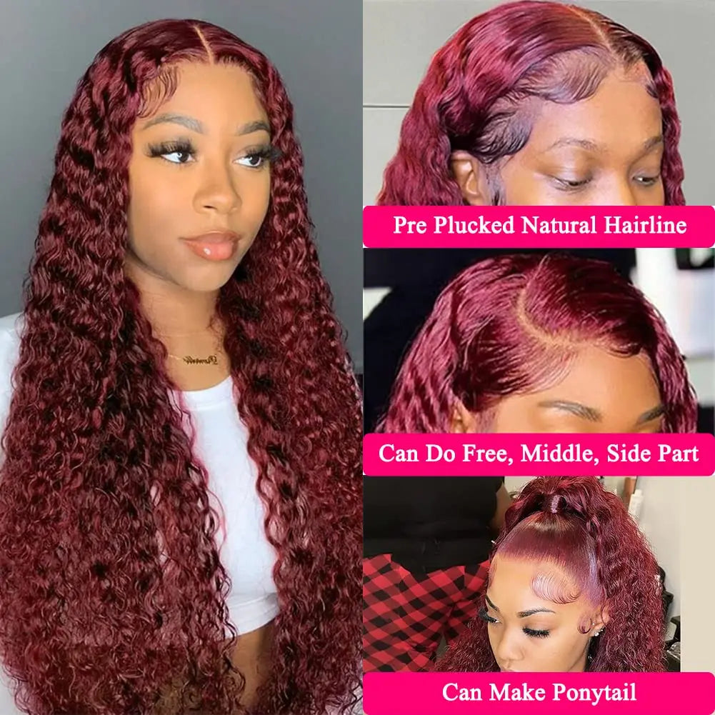 13x4 Transparent Deep Wave Lace Frontal Wig Burgundy Lace Front Wig Brazilian 99J Curly Lace Front Human Hair Wigs For Women