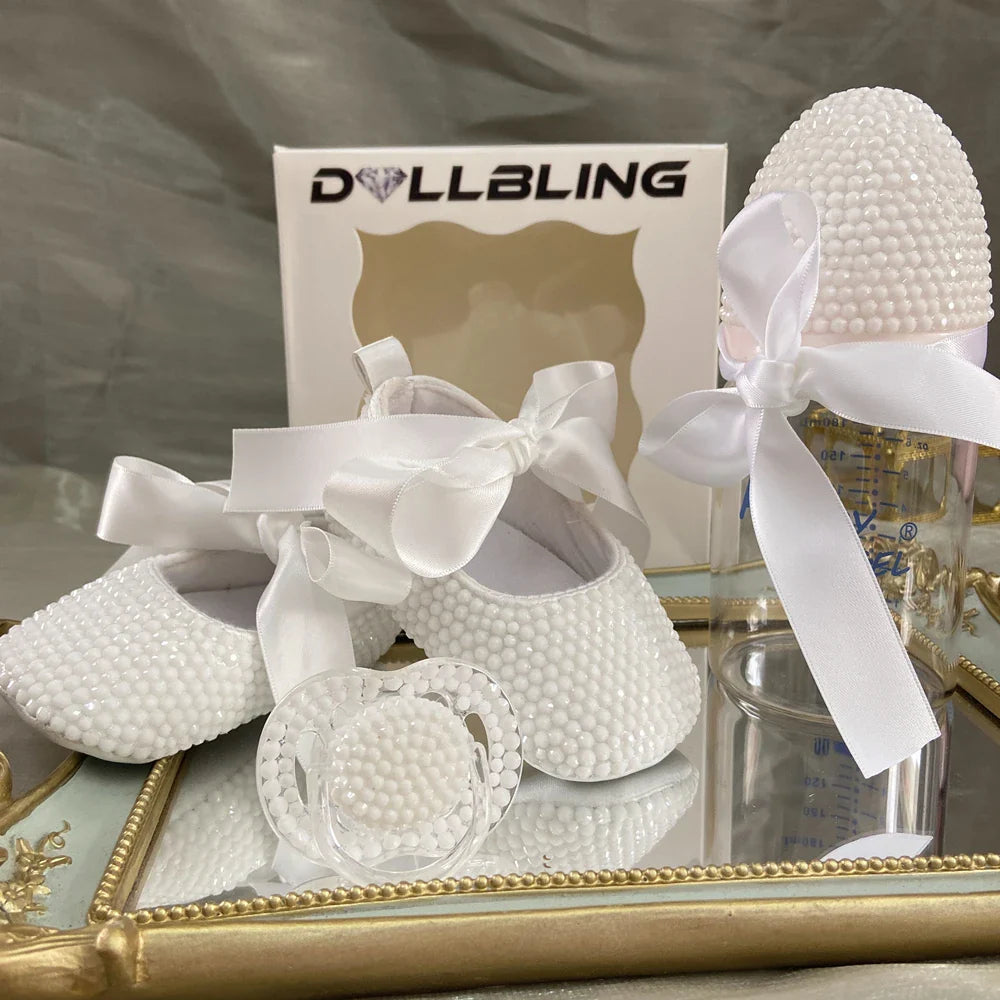 Dollbling Luxury Baby Bottles and Shoes Headband Set Keepsake Diamond Tutu Outfit Red Bottom Little Girl Baptism Shoes