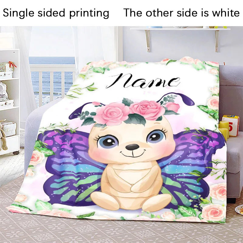 Custom Name Blanket Kawaii Baby Girl Boy Kids Personalized Blankets Cartoon Animal Cute Soft Flannel Throw Blanket Birthday Gift