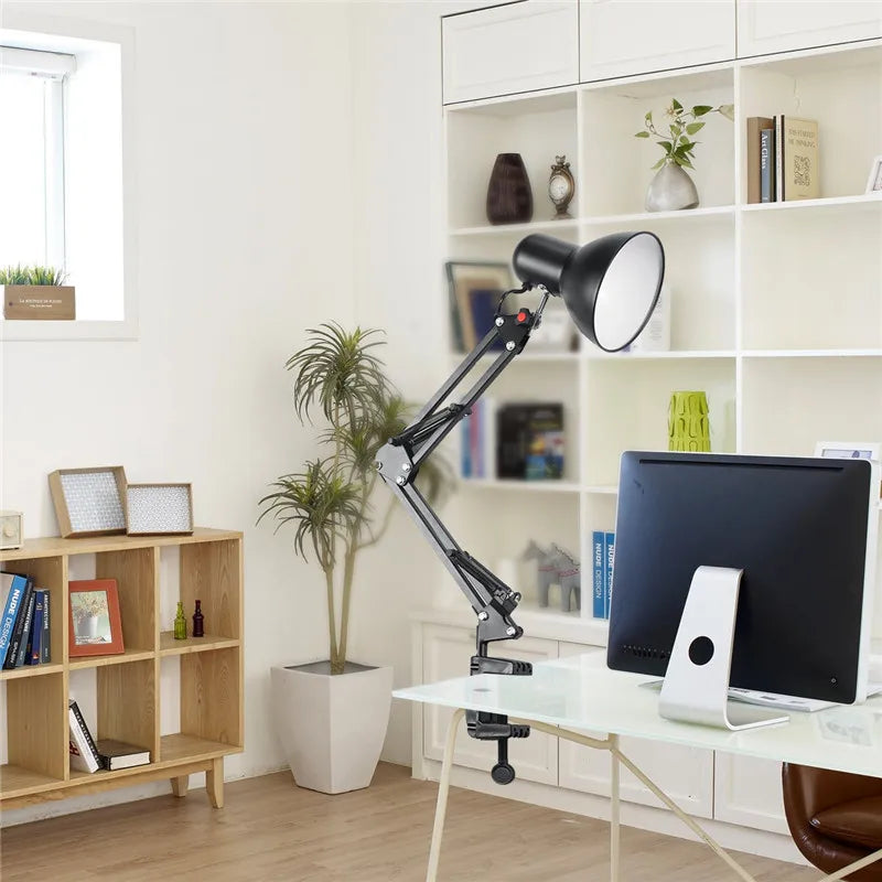 Home EU US Plug Flexible Swing Arm Clamp Mount Lamp Office Studio E27/E26 Bulb Table Black Desk Light AC85-265V Led Bulb Lamps