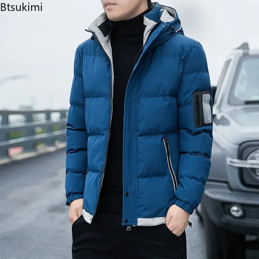 2024 Winter Korean Style Parkas Men's Puffer Jacket Long Sleeve Hooded Coats Bomber Jacket Thicker Warm Zipper Outerwear for Men