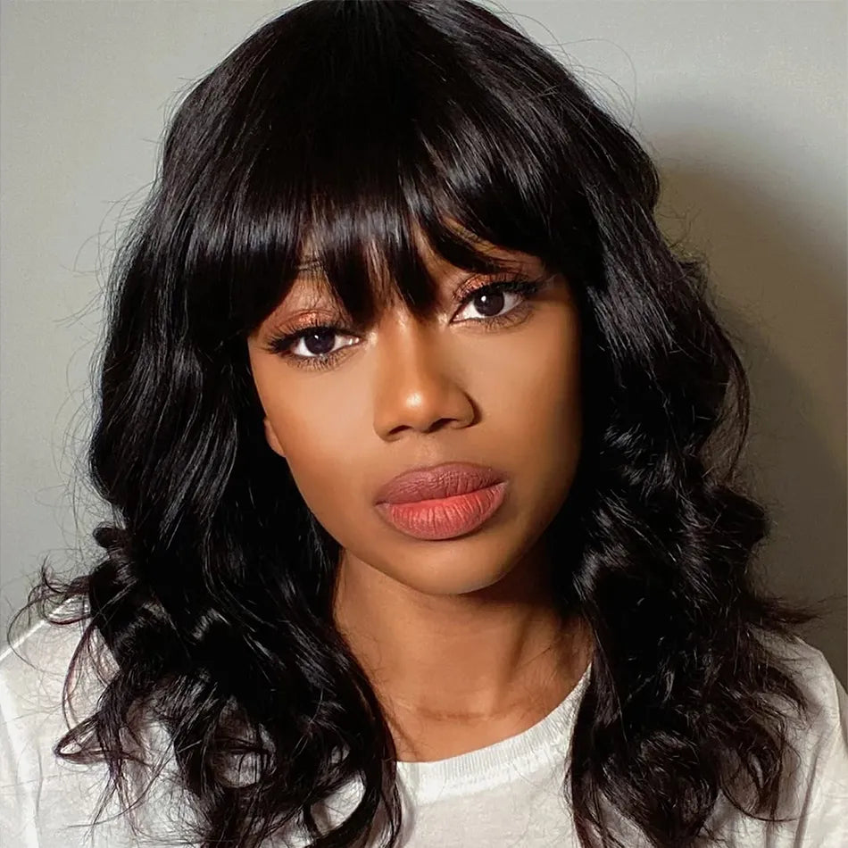 Body Wave Short Bob Human Hair Wig With Bangs Full Machine Made Glueless For Black Women Brazilian Water Wave Bob Wig With Bangs