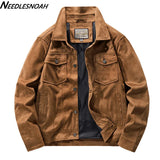 NEEDLESNOAH Men Vintage Brown Pilot Suede Jacket Spring Autumn Cargo Jacket Lightweight Turn down Collar Casual Jacket