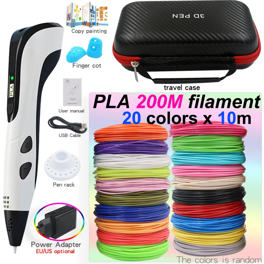 Kids' 3D Printing Pen Set with LED Display - Includes 200M PLA Filament, Power Adapter, and Storage Case - Perfect Gift for Christmas or Birthdays!