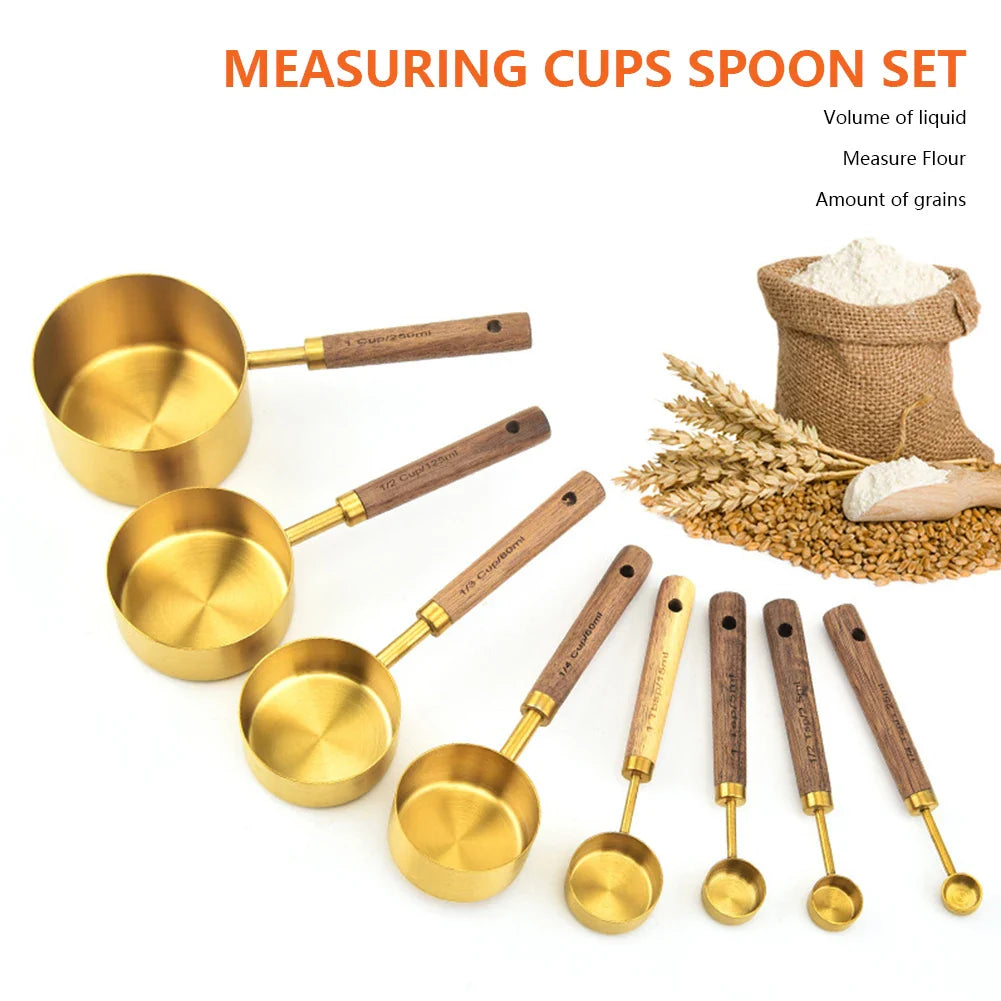 Kitchen Baking Tools Bakeware Measuring Tools & Scales Set of Eight Stainless Steel Measuring Cups and Spoons With Wooden Handle