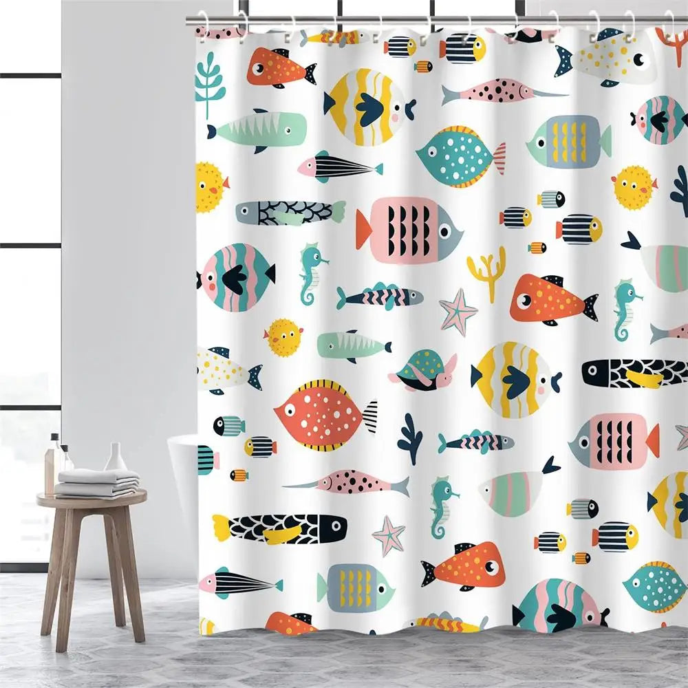 Colorful Tropical Fish Shower Curtains Ocean Animals Kids Bath Curtain Polyester Fabric Waterproof Bathroom Decor Set with Hooks