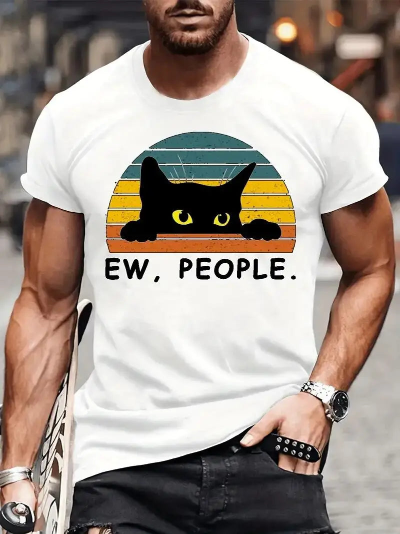 Men's Casual Fashion Black Cat Print Cotton T-shirt, Short-sleeved Crew Neck Hip-hop Style T-shirt As A Summer Holiday Gift