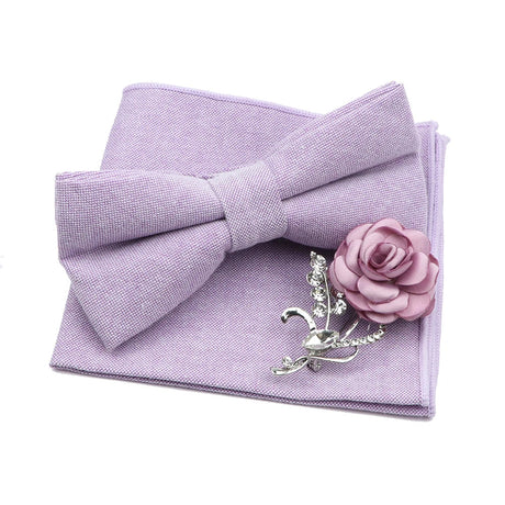 Solid Color Mens Bowtie Brooch Set 100% Cotton Pink Blue Bow Tie Flower Lapel Pin Romantic Wedding Party Suit Shirt Accessories