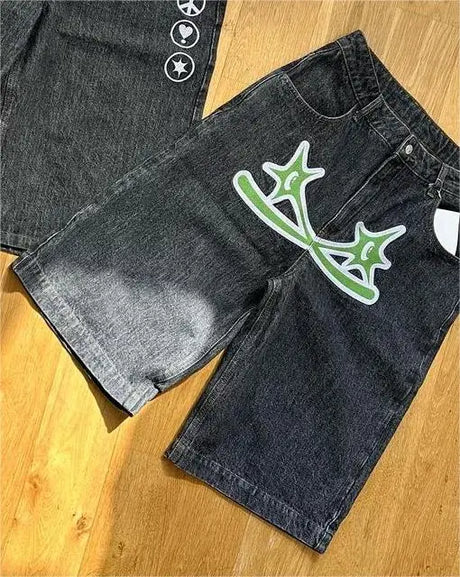 Y2k Hip Hop Vintage Loose Jorts Harajuku Streetwear Summer  Punk Rock Letter Embroidery Fashion Denim Shorts Men Clothing