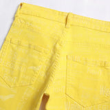 Men Letters Eagle Print Stretch Denim Jeans Y2K Streetwear Skinny Tapered Pants Yellow Trousers