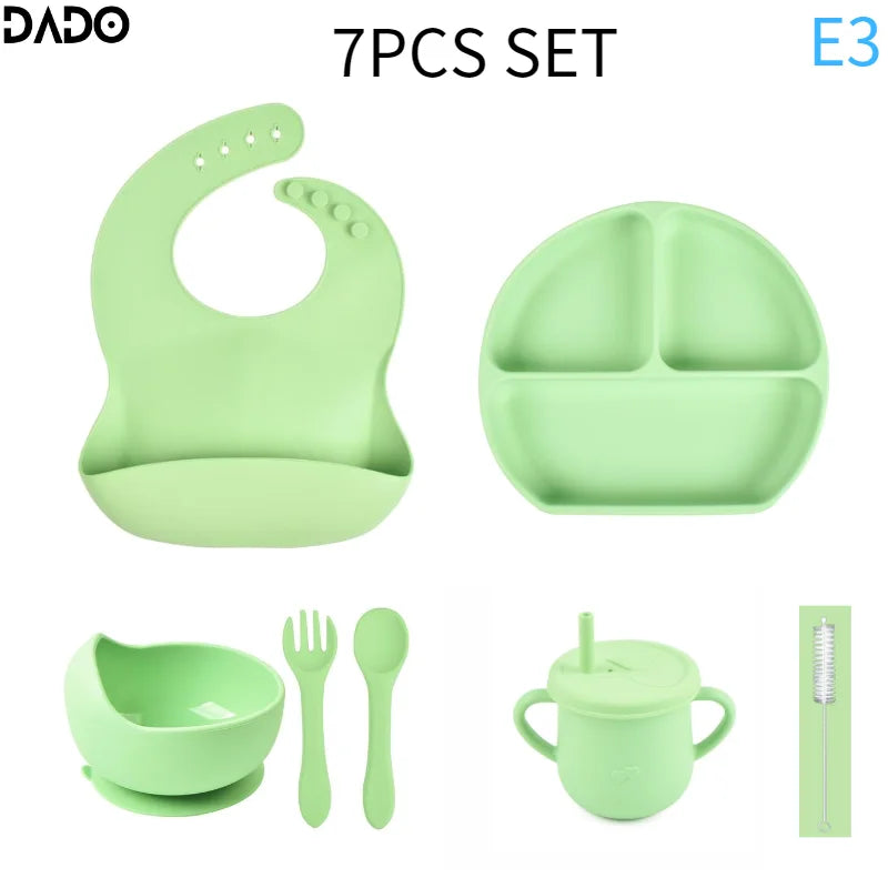 Baby Feeding Set Silicone Suction Bowls Divided Plates Straw Sippy Cup Toddler Self Eating Utensils Dishes Kit Bibs Spoons Fork