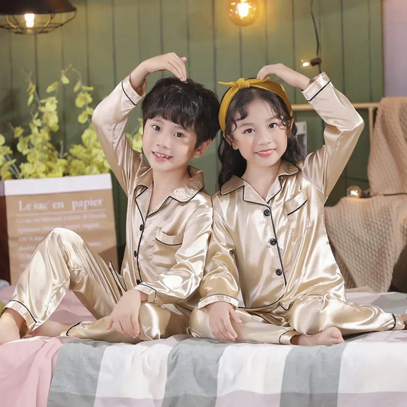 Girls Pink Satin Pajamas Sets Children's 2pcs Nightgowns Loungewear Boys Silk Pyjamas Teenager Nightgowns Sleepwear for 2-14T