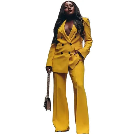 Women's Suit Double Breasted Jacket Yellow 2 Piece Loose Blazer Pants Lady Business Workwear Pants Set