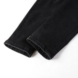 Men Pleated Patch Biker Jeans Streetwear Skinny Tapered Stretch Denim Pants Ripped Patchwork Black Trousers