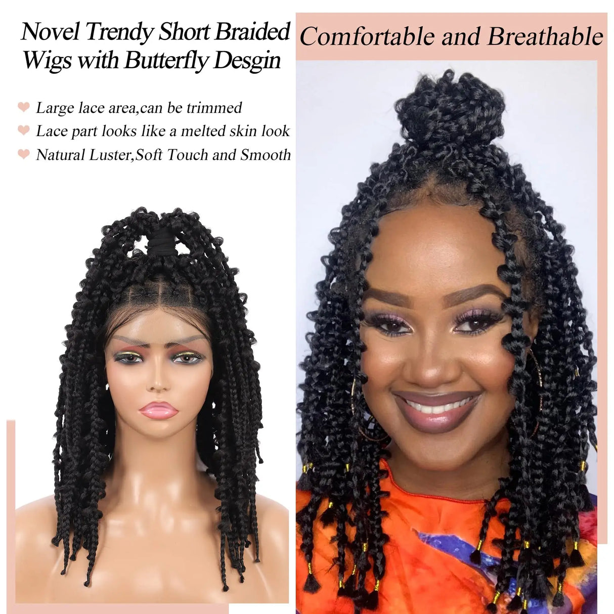 Kalyss- 14" Short Knotless Box Braided Wigs for Women Butterfly Bob  Full Double Lace Braid Wigs with Baby Hair  Front Cornrow