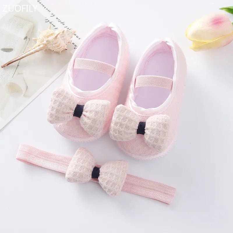 0~18M Cute Bowknot Newborn Baby Shoes Headband Set Anti Slip Toddler Infant First Walker Baby Girls Newborn Soft Sole Pink Shoes