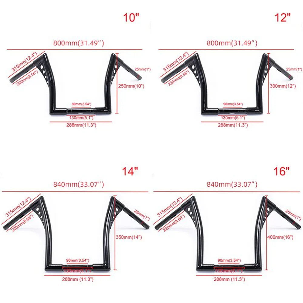 Motorcycle 1" Handlebars Ape Hangers Bars 10''12"14''16'' Rise Steering Wheel for FLST FXST Sportster XL Cruiser Bobber Chopper